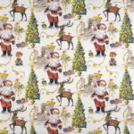 Laughing Santa Christmas napkins 20 Pack fully opened showing cheerful Santa Claus with decorated Christmas trees, reindeer and colourful presents in bright festive colours.