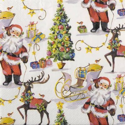 Laughing Santa Christmas decoupage napkin quarter‑fold showing cheerful Santa Claus with festive trees, reindeer and colourful presents in bright holiday colours.