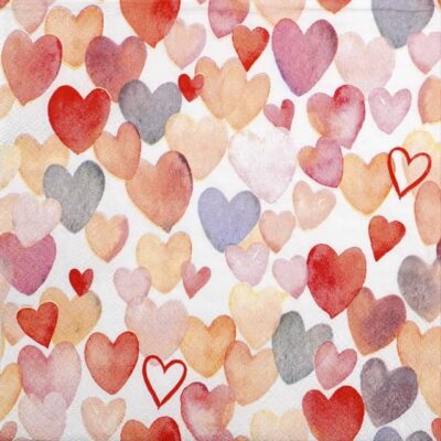 Close‑up of the Love all over decoupage napkin showing watercolour hearts in red, pink and coral on a white background.