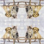 Open view of the Mimi and Bo paper napkin showing the repeated winter puppy‑and‑kitten motif across the full layout.