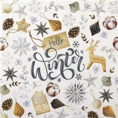 Quarter view of the Natural Winter napkin showing seasonal motifs in soft neutral tones.