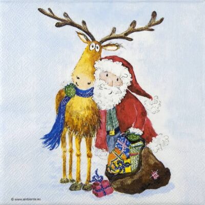 On My Way Christmas decoupage napkin quarter‑fold showing Santa with a sack of presents beside a friendly reindeer in a cosy winter scene.