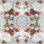 Cheerful Smiling Snowmen design with festive hats, scarves, holly sprigs, gifts and falling snow in a four‑panel winter layout.