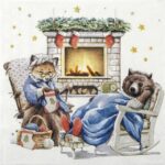 Quarter view of the Natural Companions napkin showing two winter characters by a fireplace.