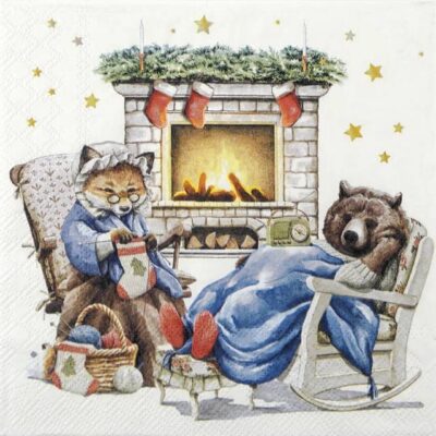 Quarter view of the Natural Companions napkin showing two winter characters by a fireplace.