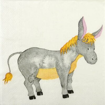 Quarter view of the Faithful Donkey napkin showing a nativity‑inspired donkey scene.