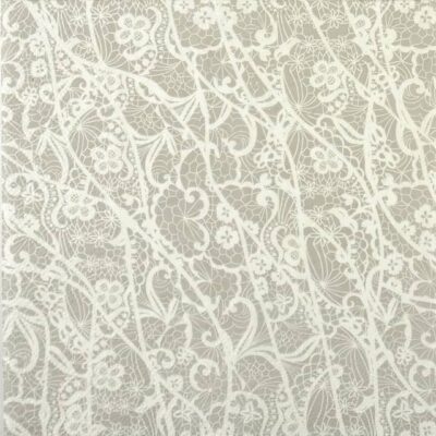 Grey lace floral pattern with delicate vines and blossoms on soft textured background.