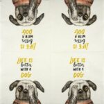 Fully opened Tattooed Pug Dog Napkins 20 Pack showing a stylish illustrated pug with tattoo‑style paw detail and bold “Life is better with a dog” lettering.