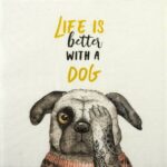 Quarter‑fold tattooed pug dog decoupage napkin showing a stylish illustrated pug with modern lettering in a bold graphic design.