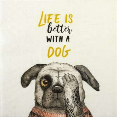 Quarter‑fold tattooed pug dog decoupage napkin showing a stylish illustrated pug with modern lettering in a bold graphic design.
