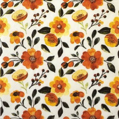 Quarter view of the Orange Floral Pattern paper napkin showing warm watercolour flowers.