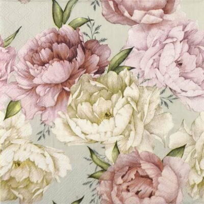 Quarter view of the Peonies Grey decoupage napkin showing soft botanical peonies.