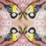 Oiseau en Rose PPD decoupage napkin full open layout with bird and pink blossom design.