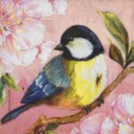 Oiseau en Rose PPD decoupage napkin quarter view with detailed bird and pink blossoms.