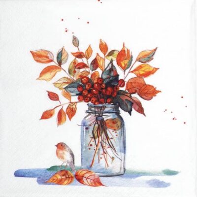 Ramo de Otono Ti-flair decoupage napkin quarter view with autumn jar, leaves, berries and small bird.