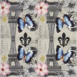Ice Paris Ambiente napkin full open layout with Eiffel Tower, butterfly and floral motifs.
