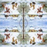 Full repeating winter motif with snowman, woodland animals and snowy cottage