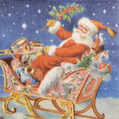 Single Paper Napkin for Decoupage and Party - Tête-à-Tête Vintage Santa Claus Sleighing with Reindeer and Moonlit Village