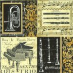 Music Instruments PAW napkin quarter layout with vintage musical instruments and sheet‑music motifs.