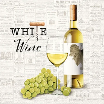 White Wine napkin with wine bottle, glass and green grapes on a vintage background.