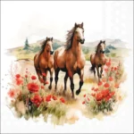 Trotting Horses napkin with three running horses in a watercolor poppy field by Ambiente.