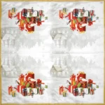 Full layout showing repeating Christmas presents with winter scenery and golden border.