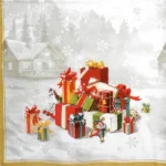 Colourful Christmas presents with festive figurines on snowy background and golden border.