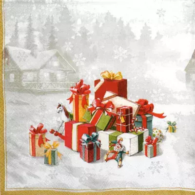 Colourful Christmas presents with festive figurines on snowy background and golden border.