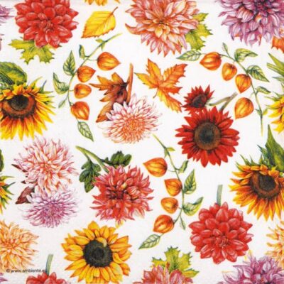Close-up detail of the Autumn Blooming cocktail napkin showing sunflowers, red dahlias, and Chinese lanterns on a white background.