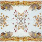 Open view of the Forest Friends napkin showing four repeating woodland motives with hedgehogs and robins.