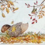 Close-up detail of the Forest Friends napkin showing a hedgehog looking up at a robin bird on a rosehip branch with oak leaves.