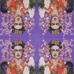 Full four-panel napkin spread showing four repeated Frida Kahlo portraits bordered by flowers on purple.