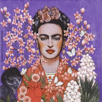 Portrait of Frida Kahlo with monkey, floral hair wreath, butterflies, and pink blossoms on purple background.