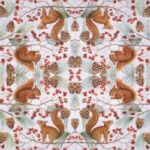 Open view of the Squirrel Chat decoupage napkin showing four repeating motives of red squirrels in a pine tree