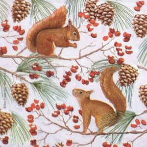 Close-up detail of the Squirrel Chat decoupage napkin showing red squirrels on pine branches with cones