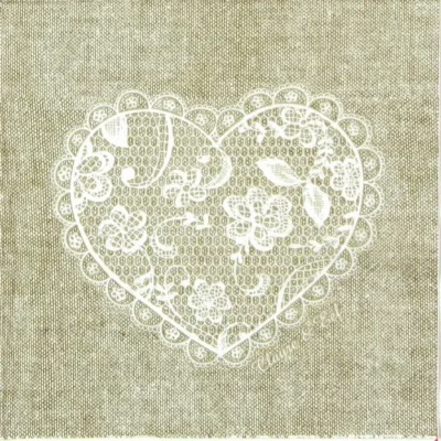 Clayre and Eef paper napkin with white lace heart and floral lace pattern on rustic linen background